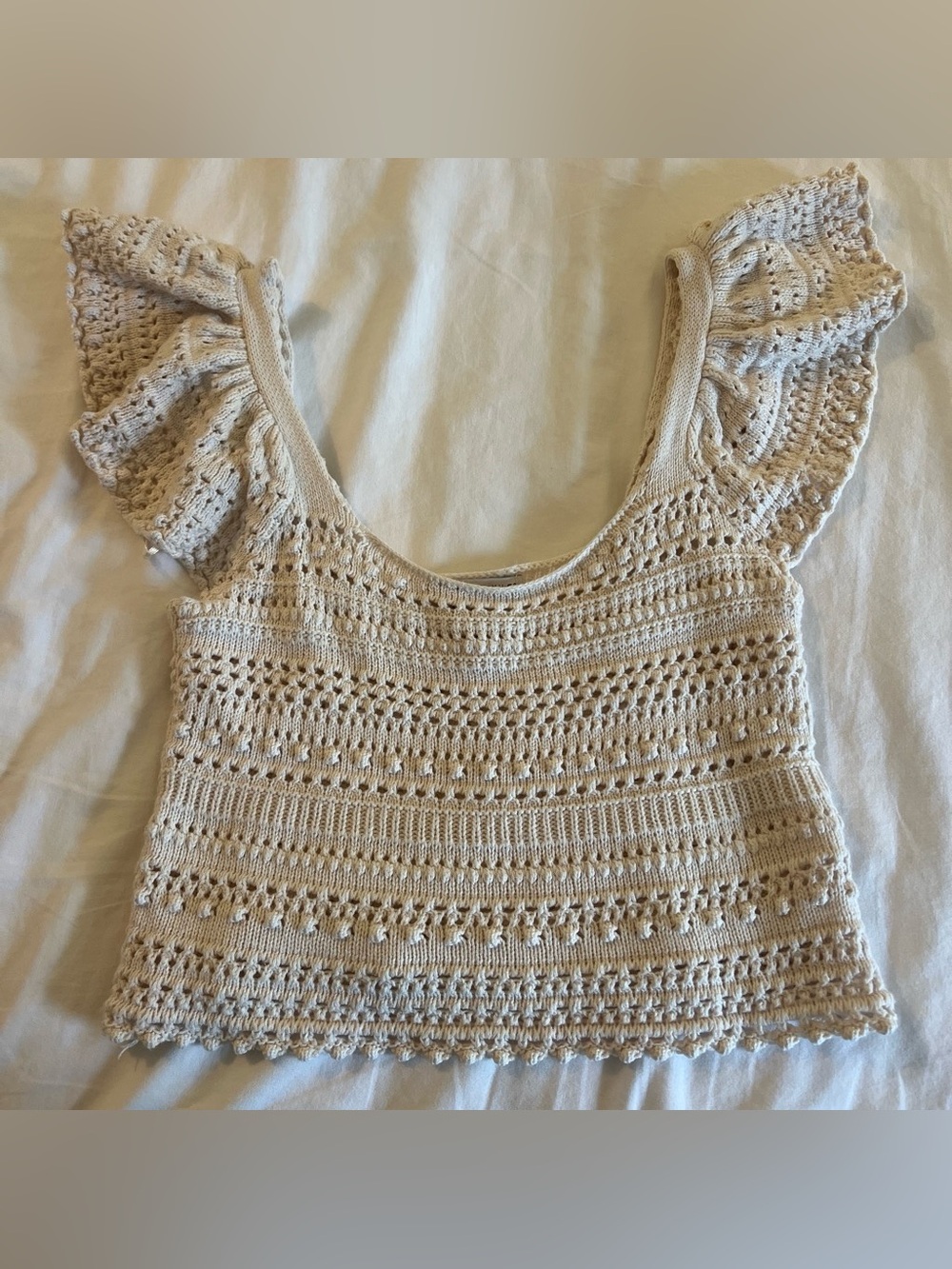 Sincerely Jules Cream Crochet Flutter-Sleeve Crop Top